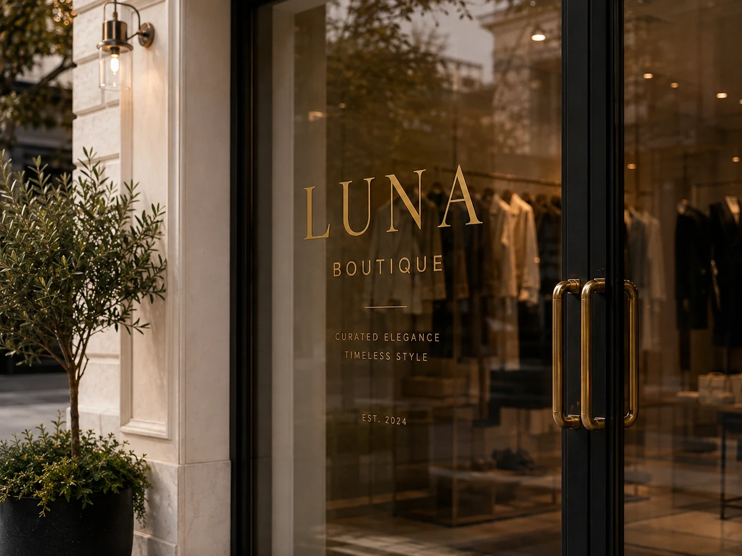 Close view of Luna Boutique glass door with gold vinyl branding