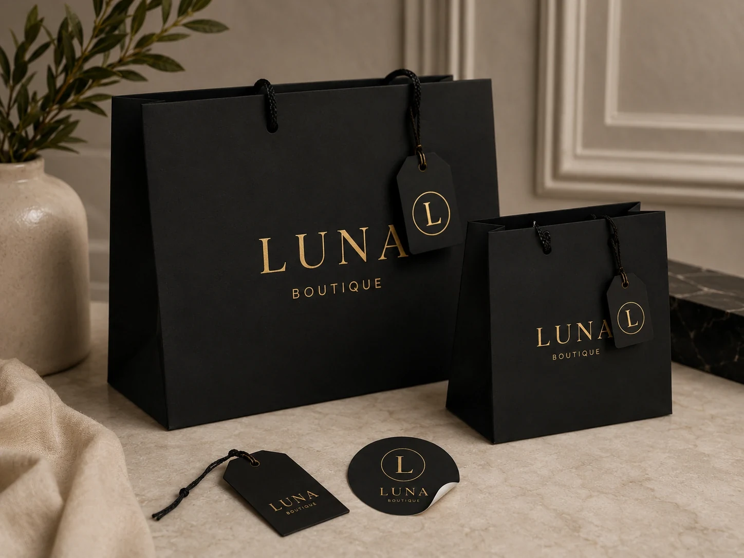 Luna Boutique shopping bags, hang tags and sticker