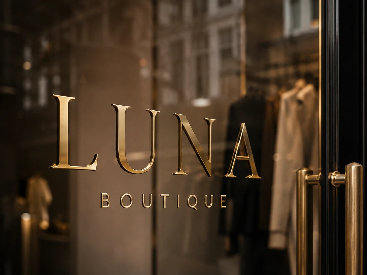 Close detail of Luna Boutique gold lettering on glass