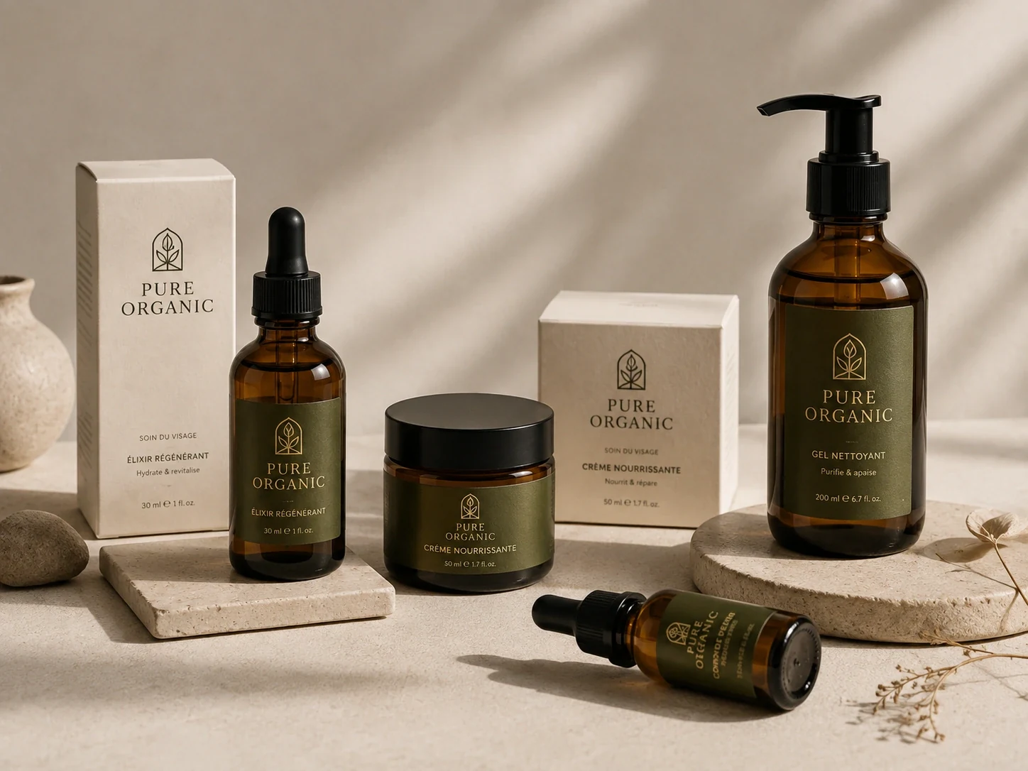 Pure Organic skincare products with packaging and labels
