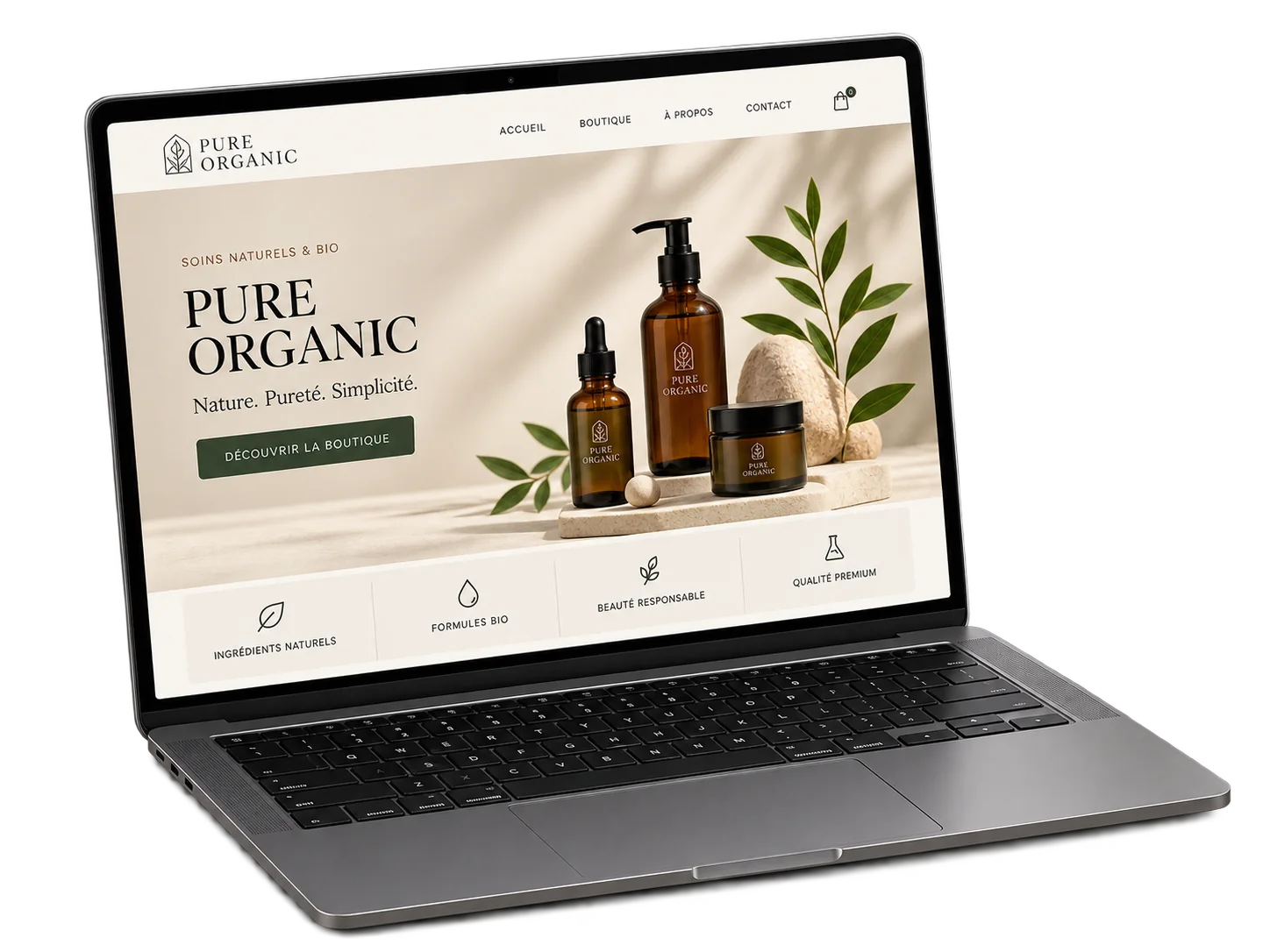 Site e-commerce responsive Pure Organic présenté sur ordinateur portable — MAQTA Studio Fès