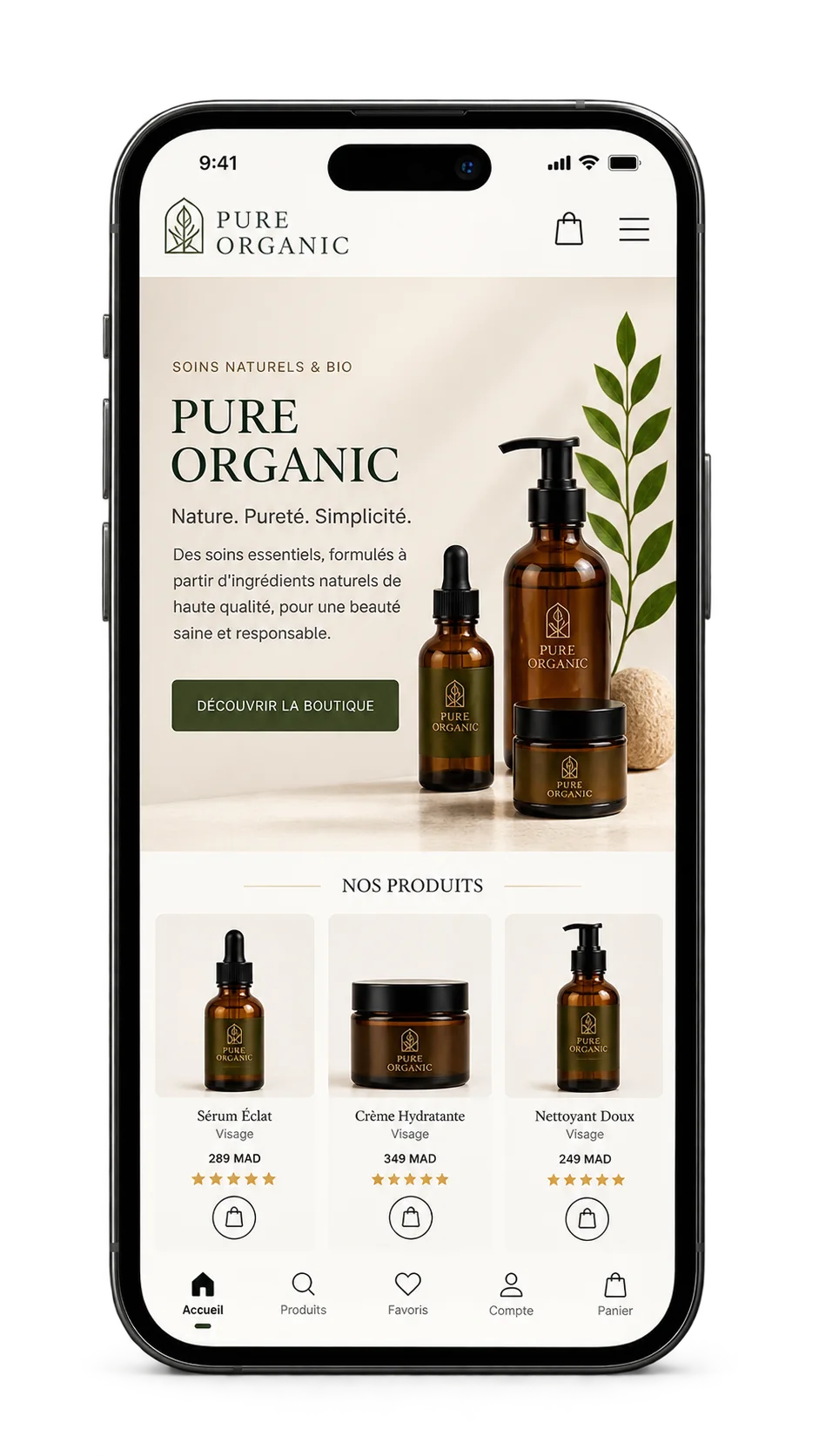 Application mobile e-commerce Pure Organic sur smartphone — MAQTA Studio